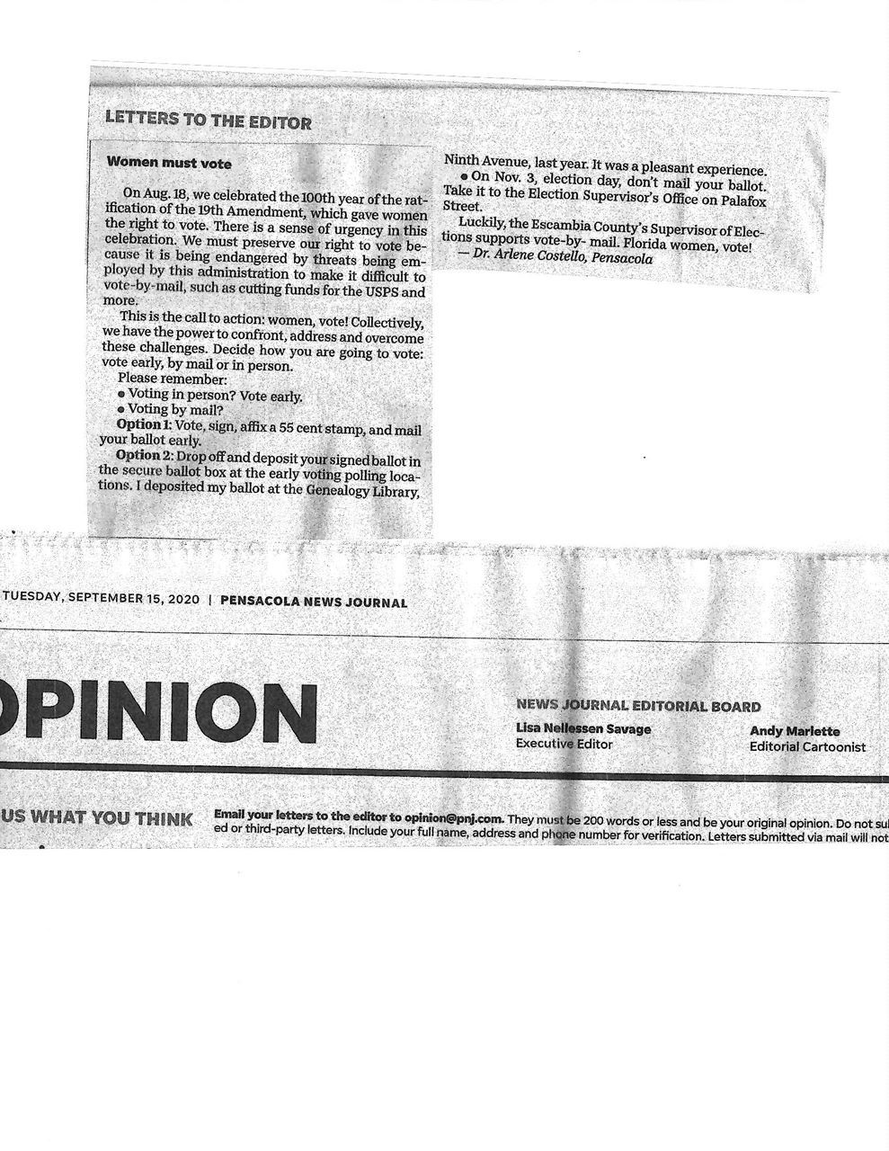 Image of a letter to the editor that appeared in the Pensacola New Journal newspaper on Sept. 15, 2020. The letter is titled Women Must Vote and was written by Dr. Arlene Costello.