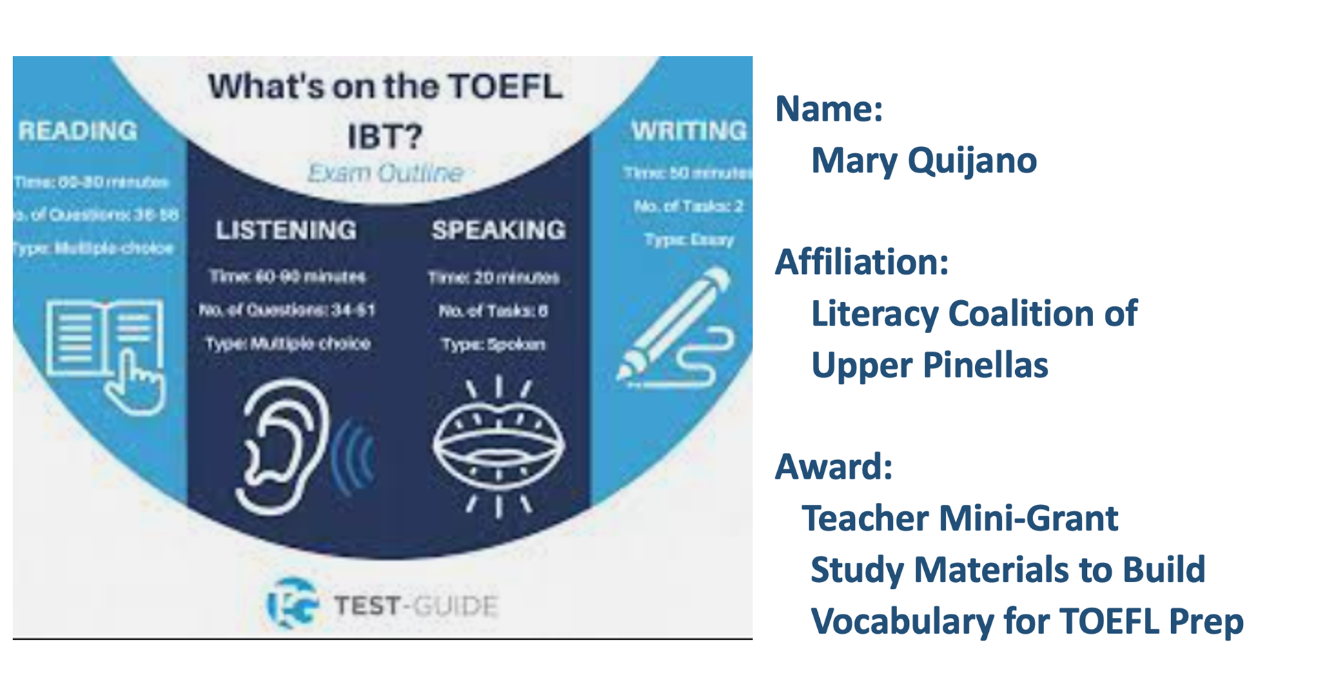 Mary Quijano of the Literacy Coalition of Upper Pinellas. Awarded a Teacher Mini-Grant for Study Materials to Build Vocabulary for TOEFL Prep.