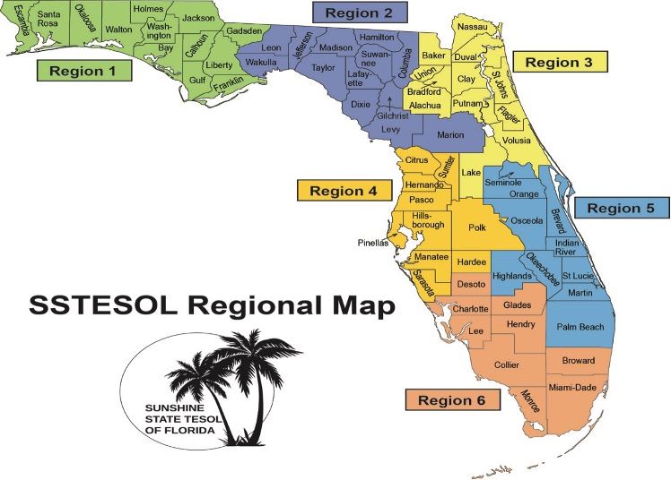 Map of Florida counties color-coded by SSTESOL Regions