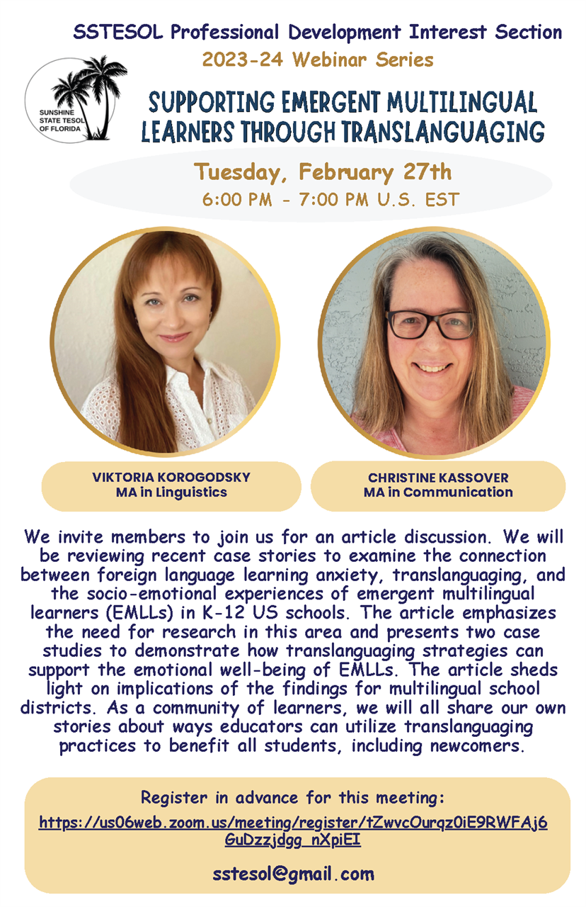 Image of the SSTESOL flyer for the webinar Supporting Emergent Multilingual Learners Through Translanguaing.