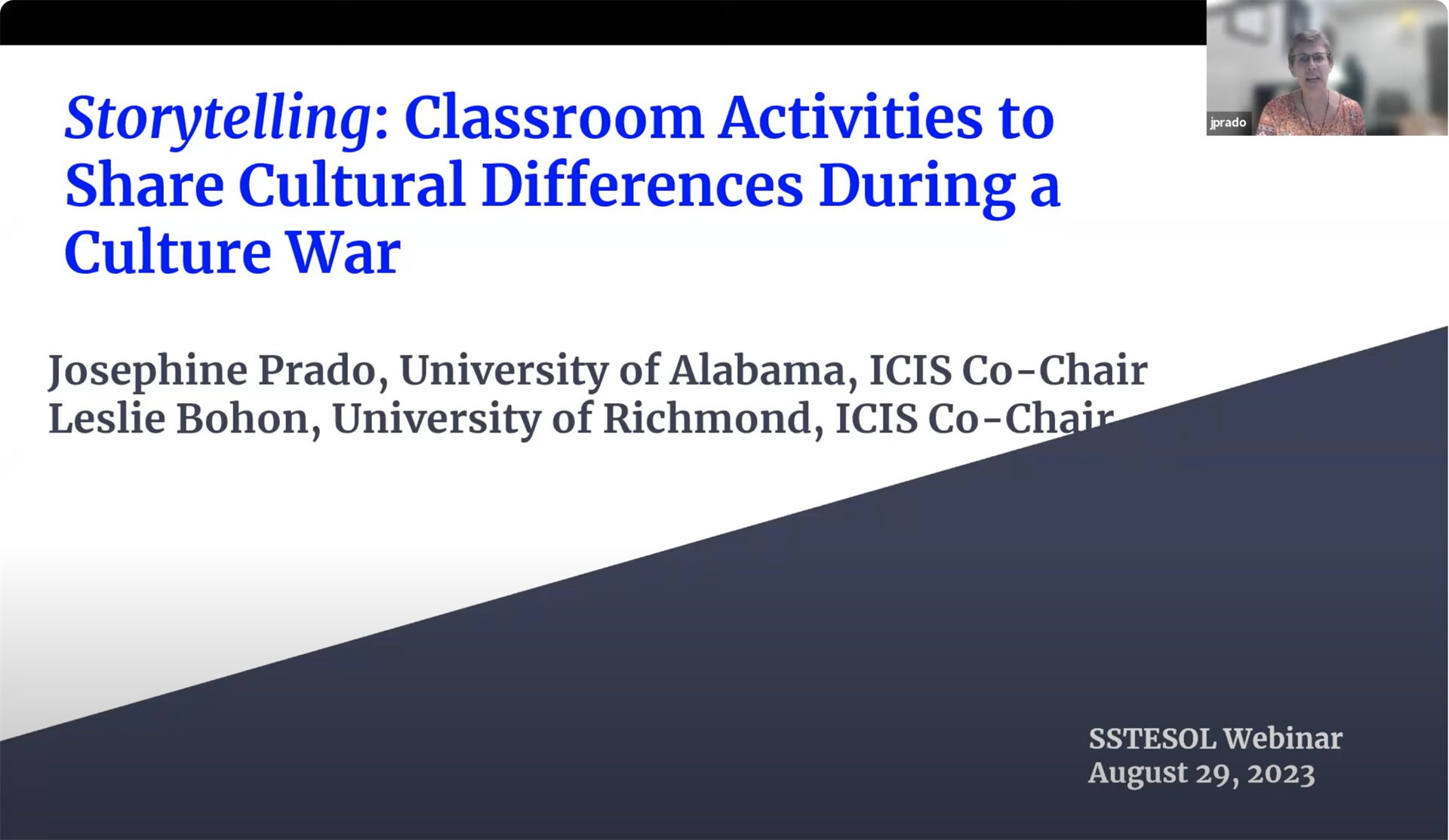 YouTube thumbnail for the SSTESOL webinar titled Storytelling: Classroom Activities to Share Cultural Differences During a Culture War.